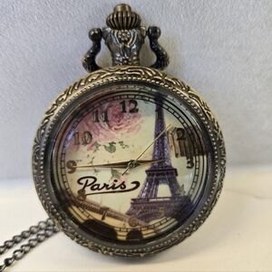 Retro Eiffel Tower Dial Glass Case Pocket Watch Pendant Necklace Paris